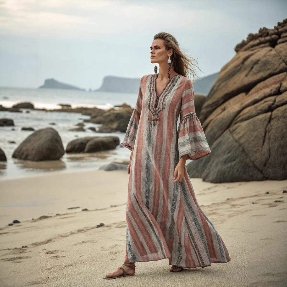 Robe kimono femme longue col V manches larges imprimé rayé coupe ample
