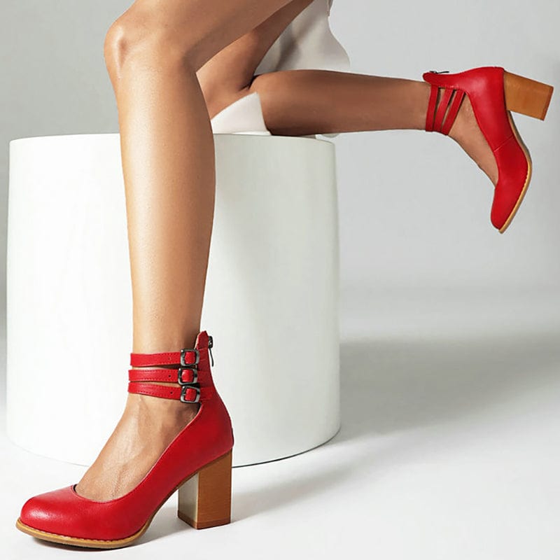 Escarpins femme bride cheville talon bloc bout rond chaussures à boucles élégantes