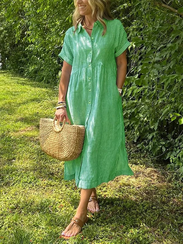 Robe chemise femme rayée midi manches courtes boutonnée coupe ample avec poches