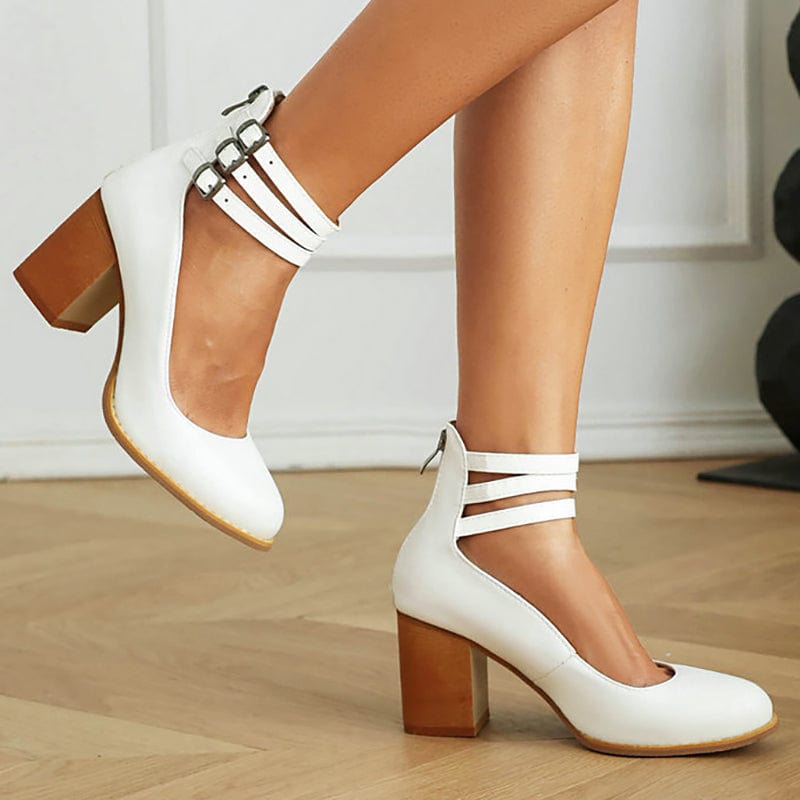 Escarpins femme bride cheville talon bloc bout rond chaussures à boucles élégantes