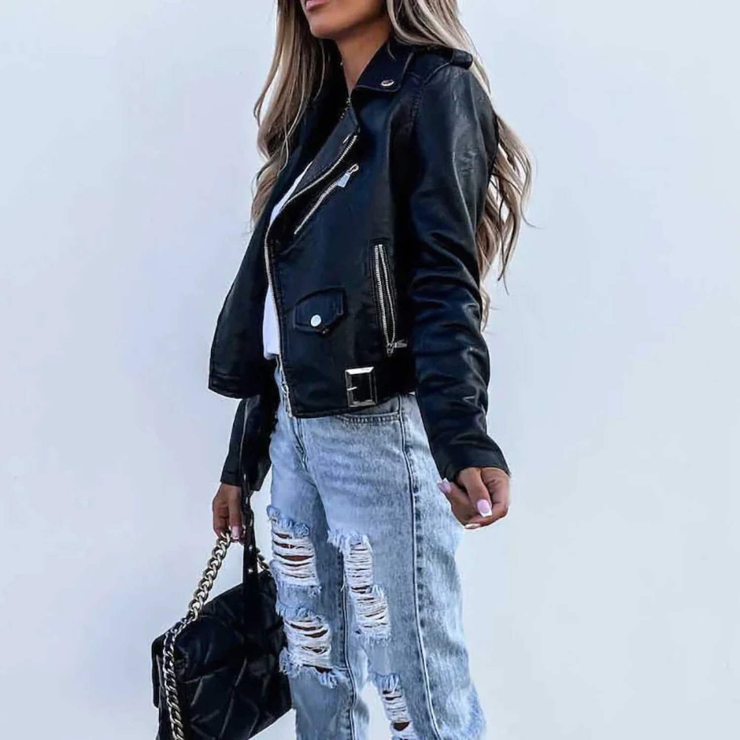 Veste biker femme simili cuir zippée col revers ceinture ajustable coupe courte