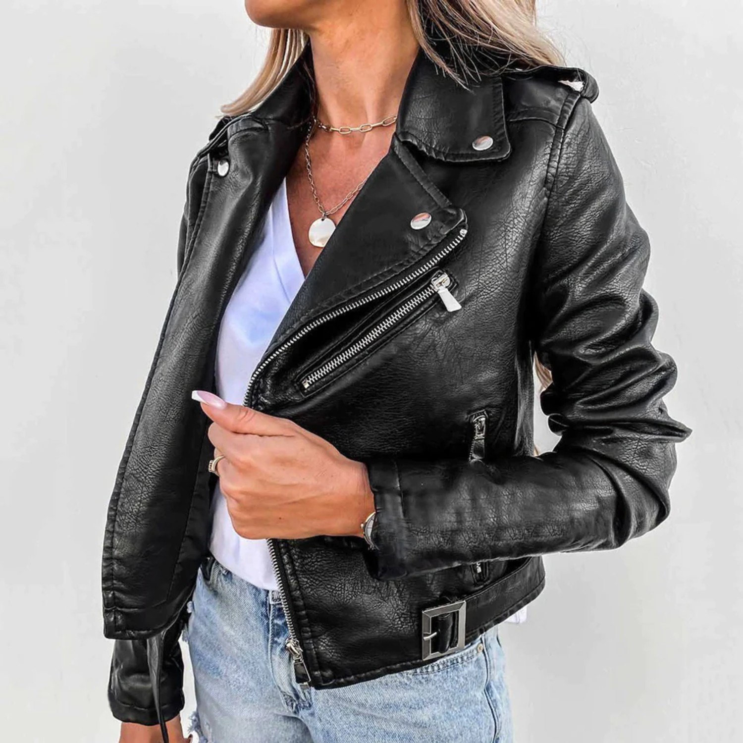 Veste biker femme simili cuir zippée col revers ceinture ajustable coupe courte