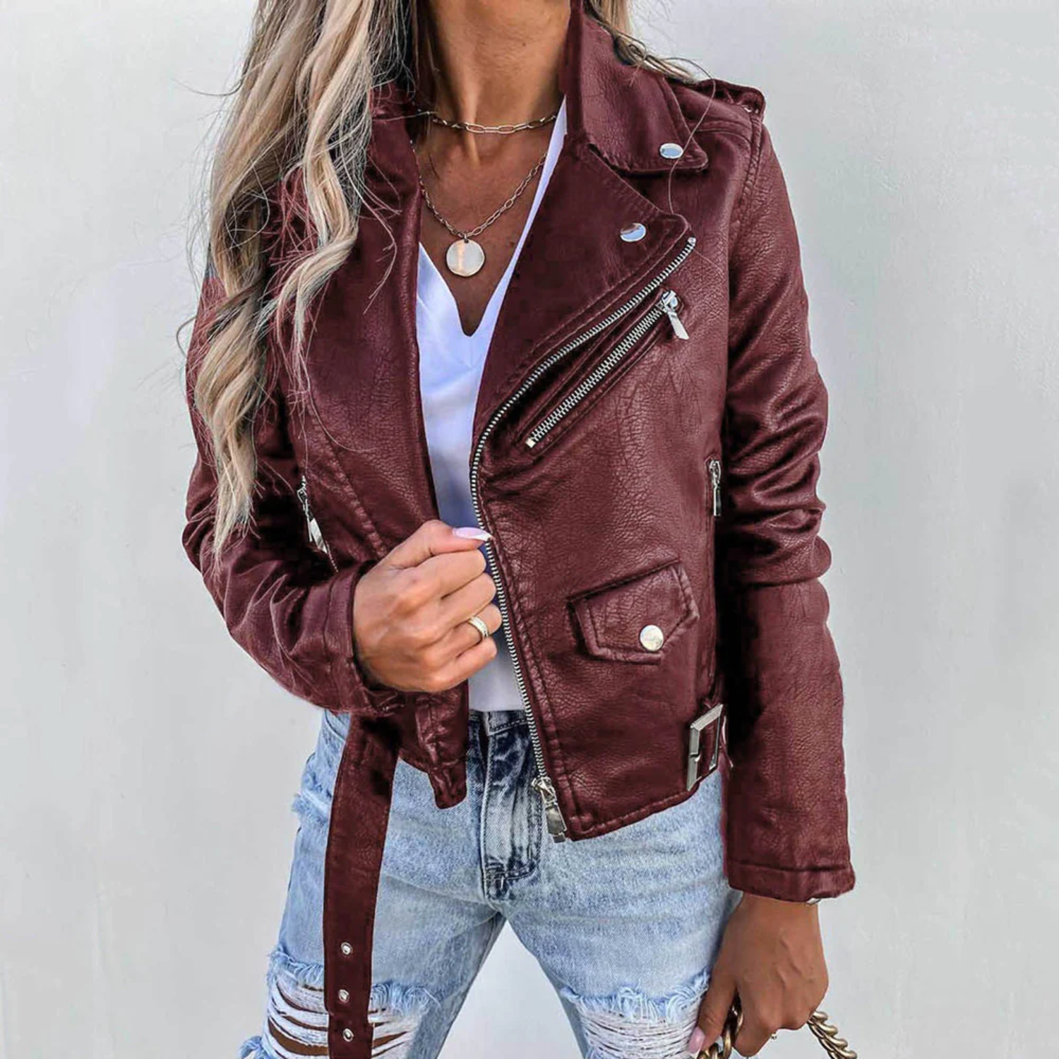 Veste biker femme simili cuir zippée col revers ceinture ajustable coupe courte