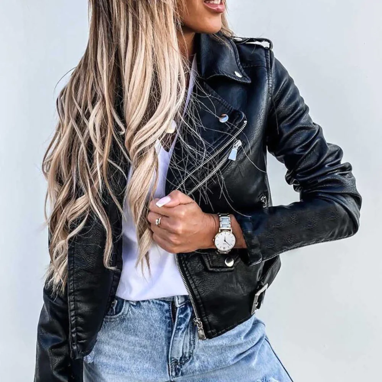 Veste biker femme simili cuir zippée col revers ceinture ajustable coupe courte