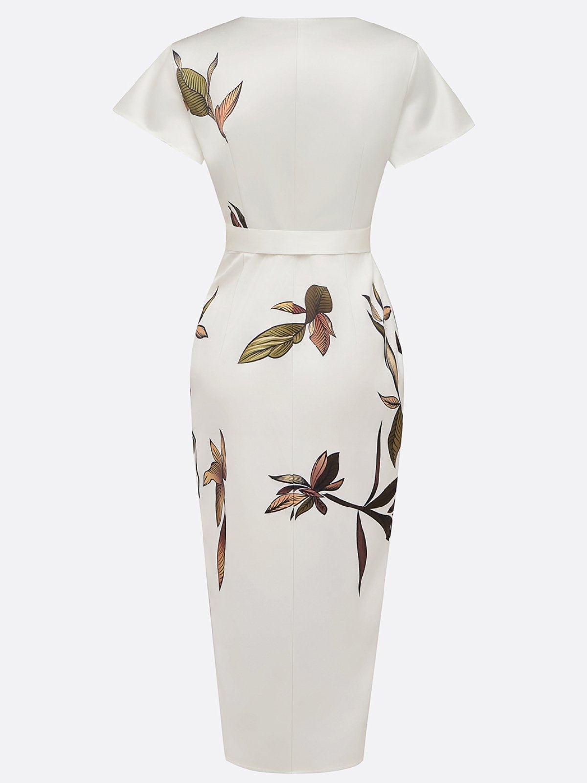 Robe portefeuille midi col V imprimée manches courtes ceinture