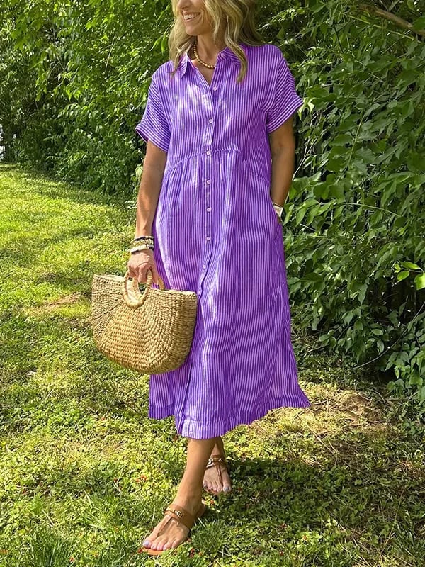 Robe chemise femme rayée midi manches courtes boutonnée coupe ample avec poches