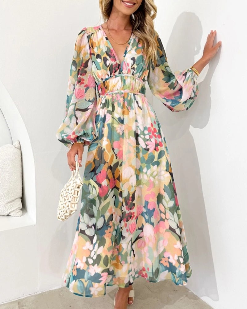 Robe longue fleurie à col V avec manches ballon et taille empire