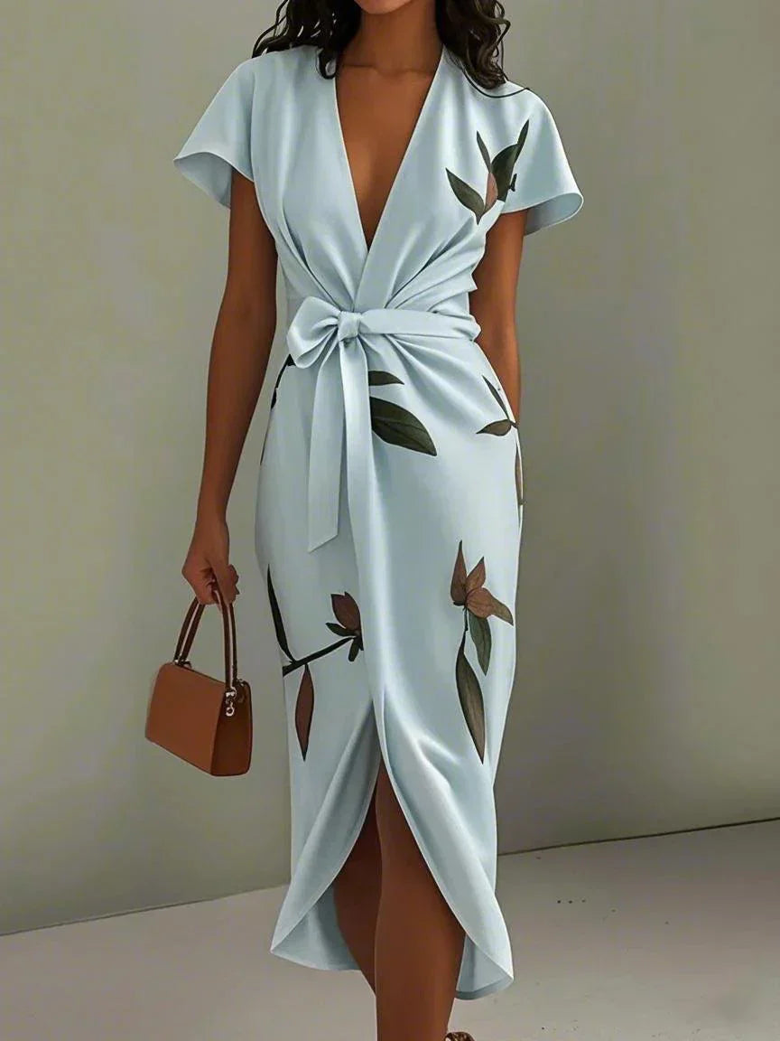 Robe portefeuille midi col V imprimée manches courtes ceinture