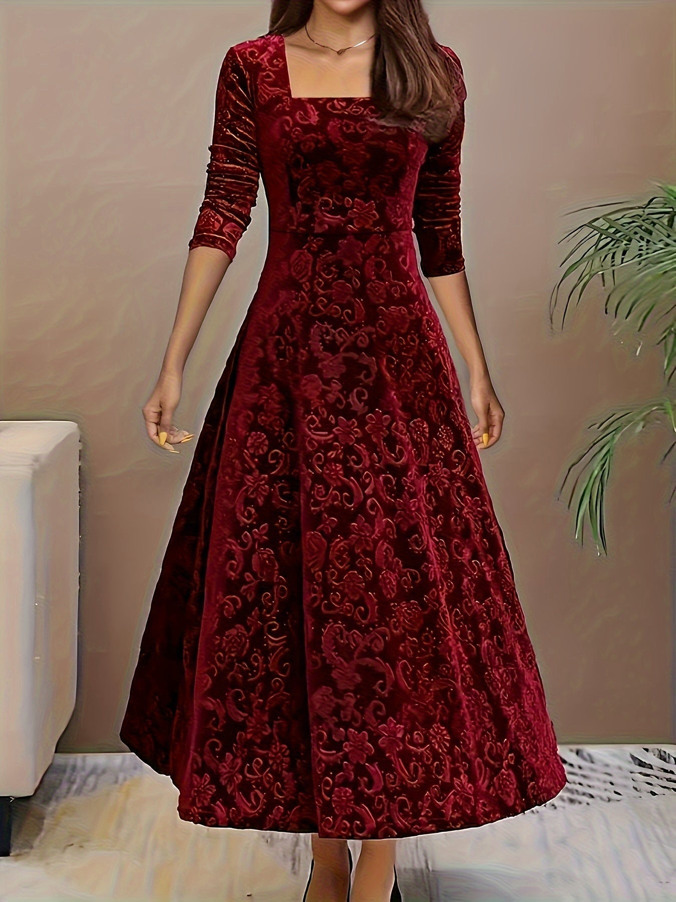 Robe midi femme col carré manches longues coupe évasée élégante