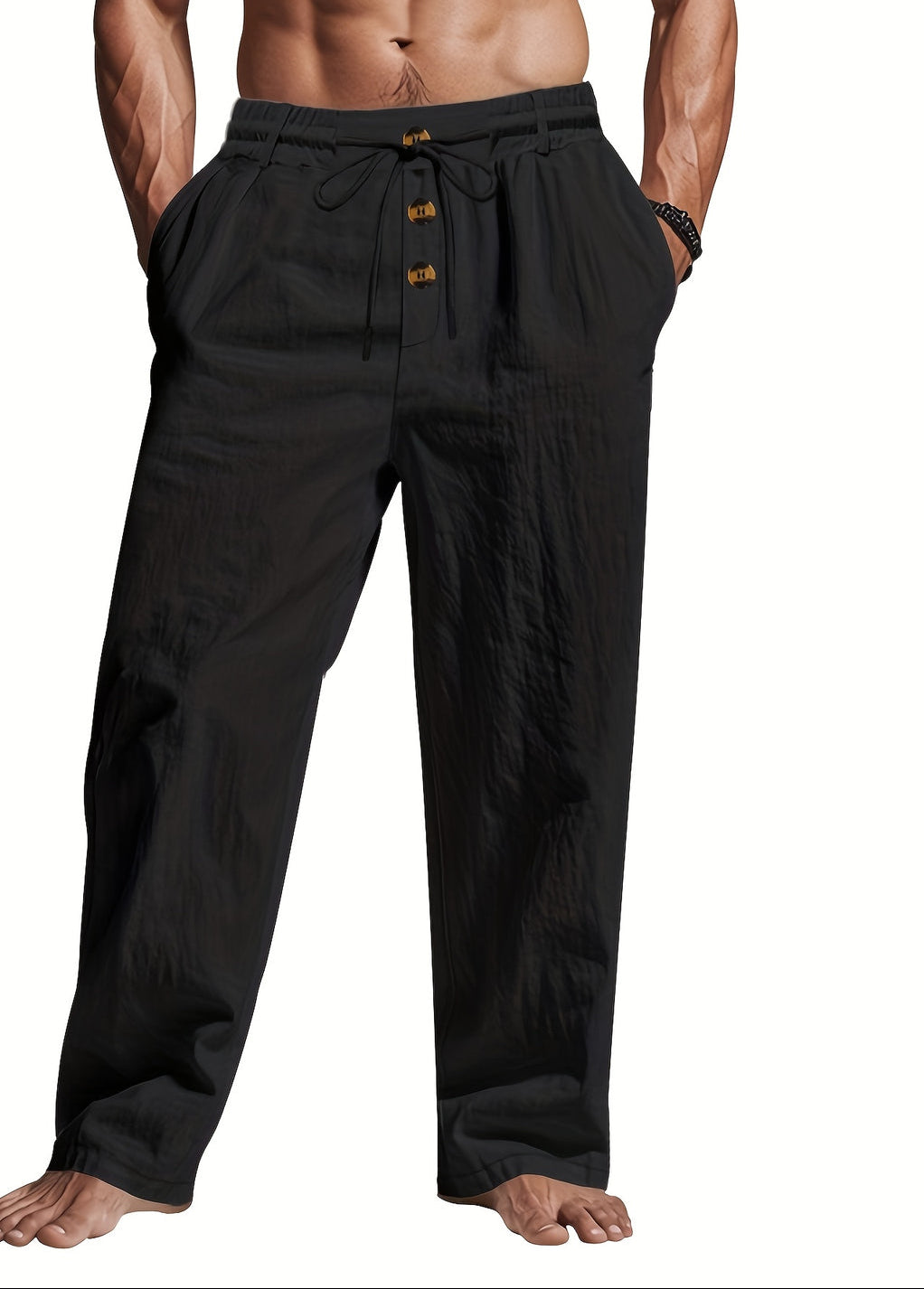 Pantalon en lin homme taille élastique à cordon coupe droite été respirant