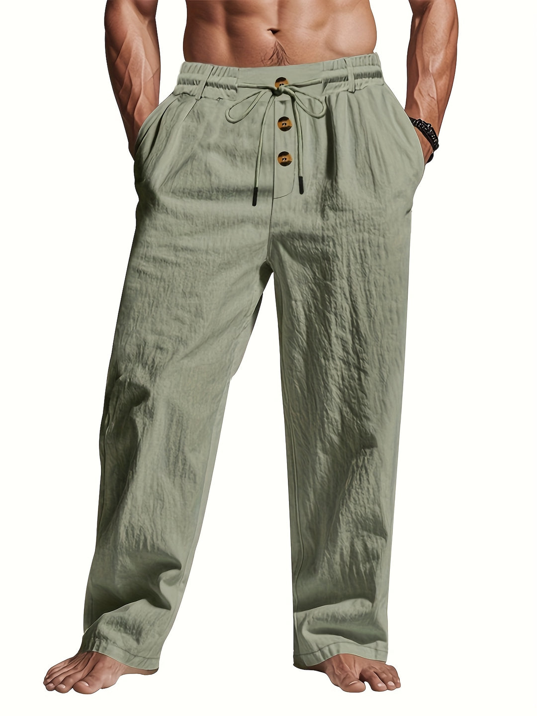 Pantalon en lin homme taille élastique à cordon coupe droite été respirant
