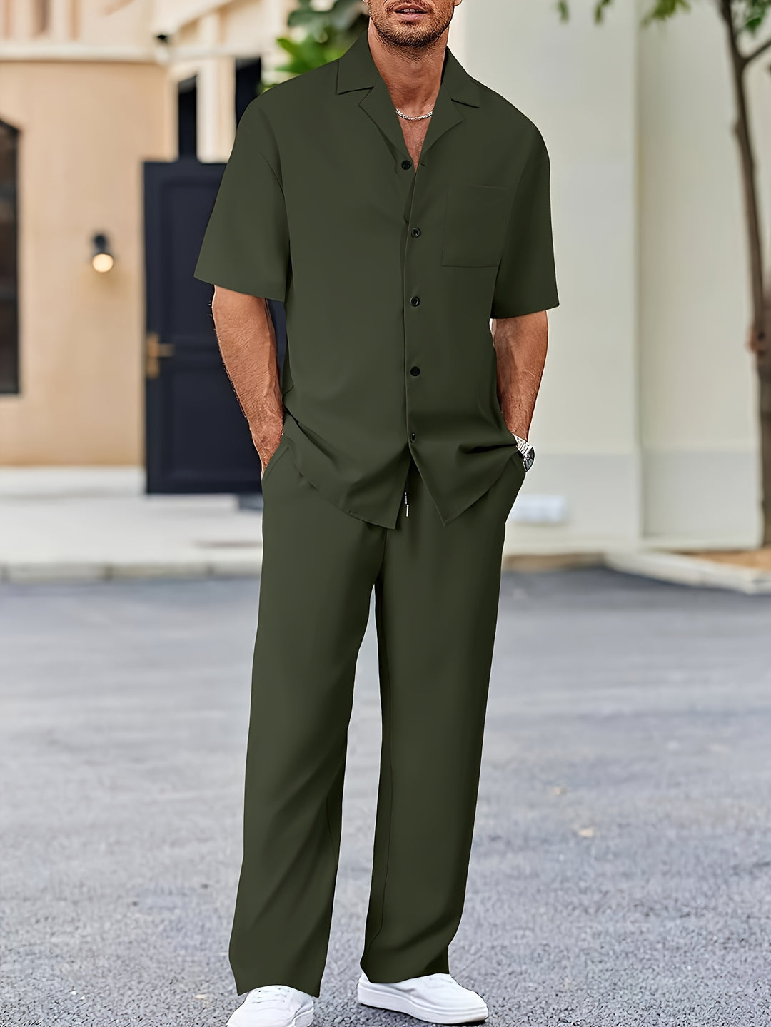 Ensemble homme été chemise manches courtes pantalon coupe ajustée
