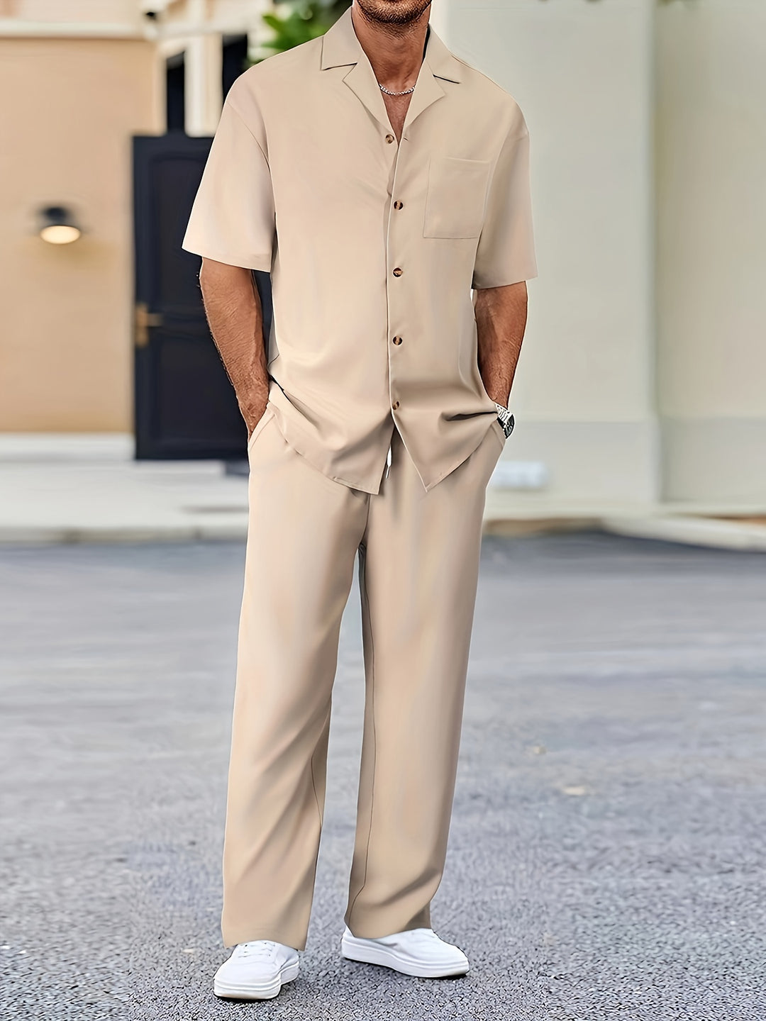 Ensemble homme été chemise manches courtes pantalon coupe ajustée
