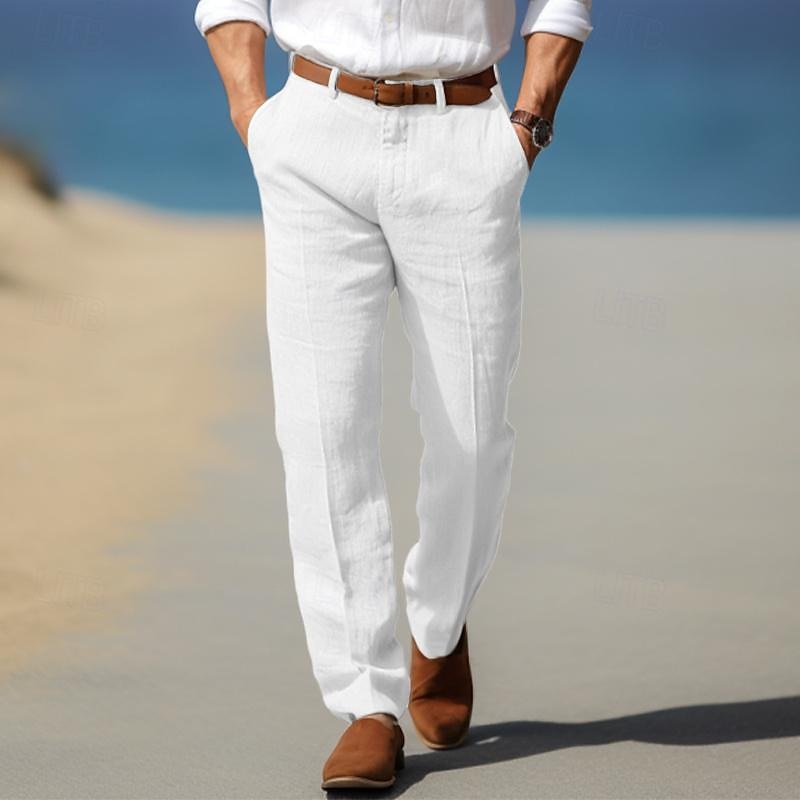 Pantalon homme en lin coupe droite avec passants de ceinture et poches latérales