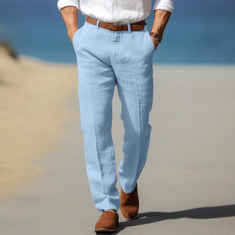 Pantalon homme en lin coupe droite avec passants de ceinture et poches latérales