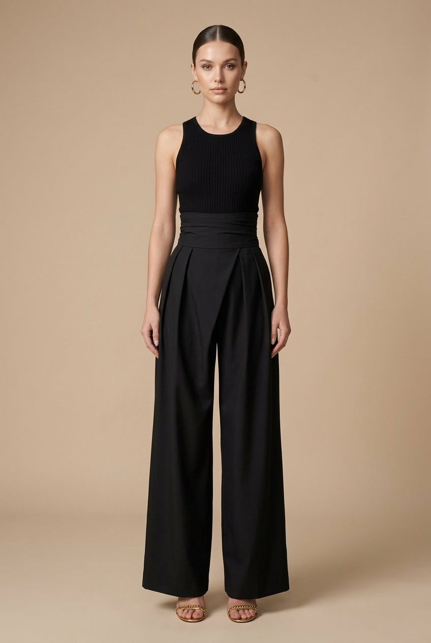 Pantalon femme taille haute coupe large jambes larges style élégant plis devant