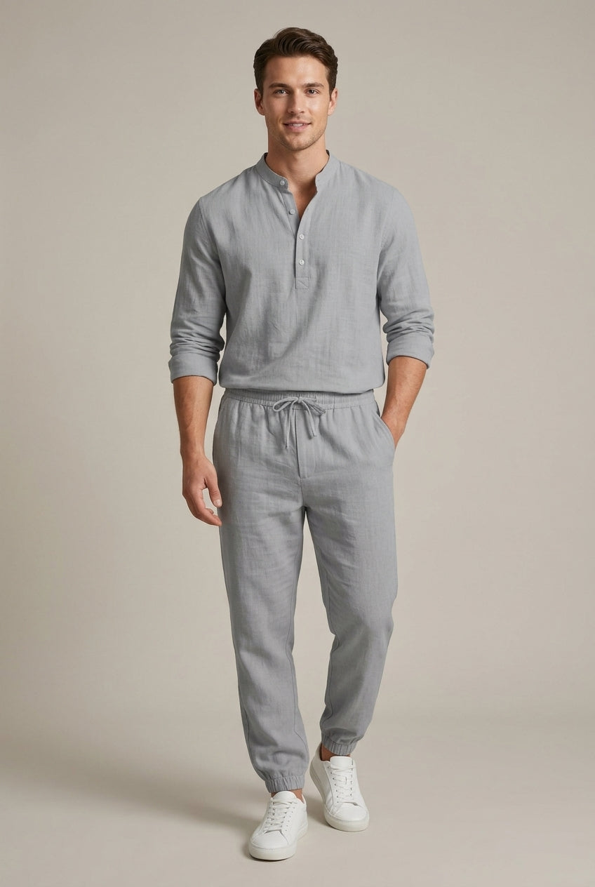 Ensemble lin homme 2 pièces col mao manches longues été