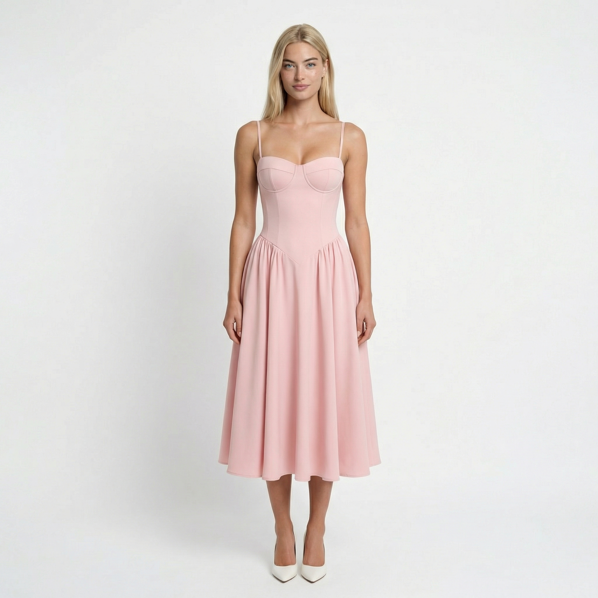 Robe corset bustier midi évasée à bretelles invitée mariage