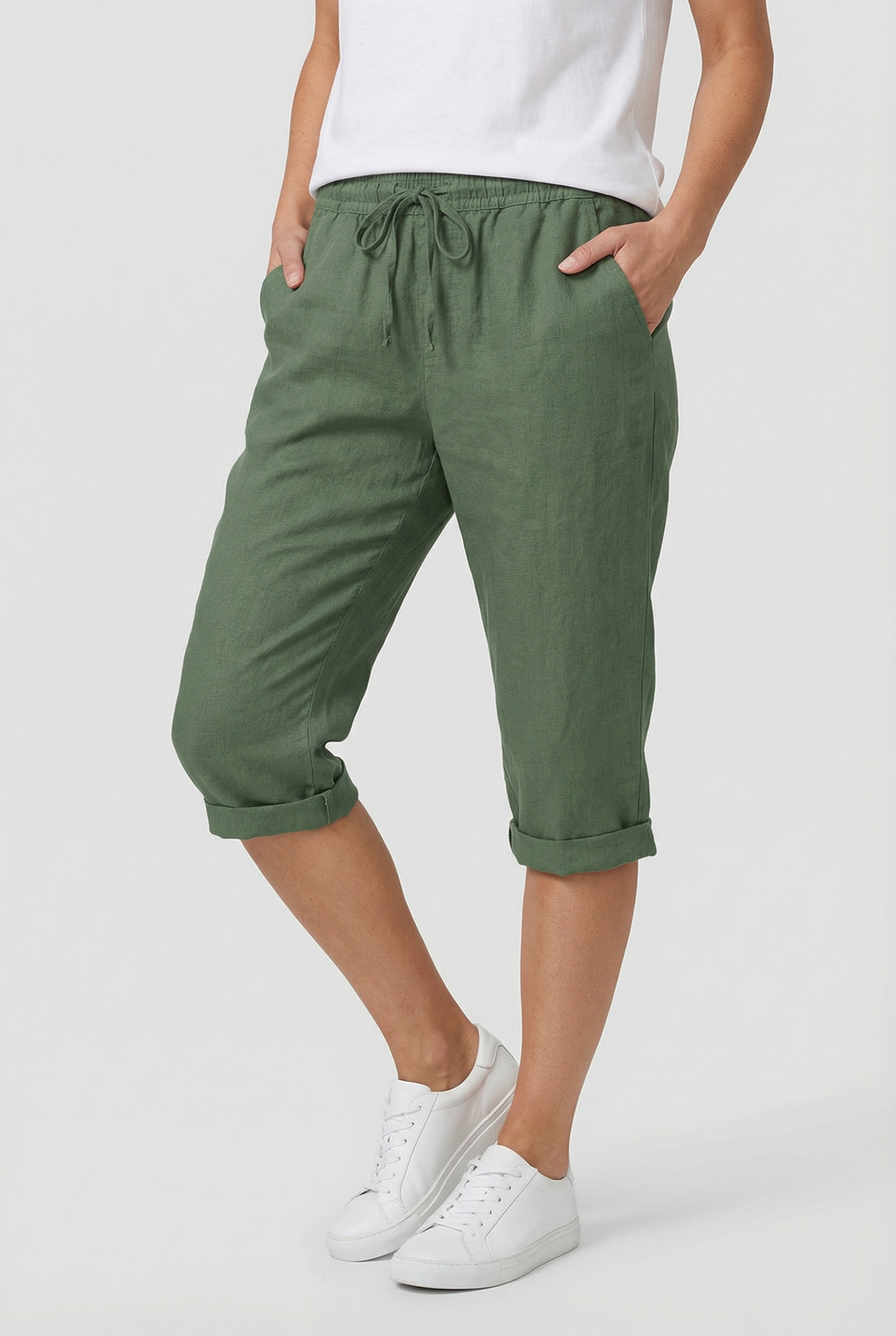 Pantacourt femme en lin taille élastique cordon de serrage poches coupe ample