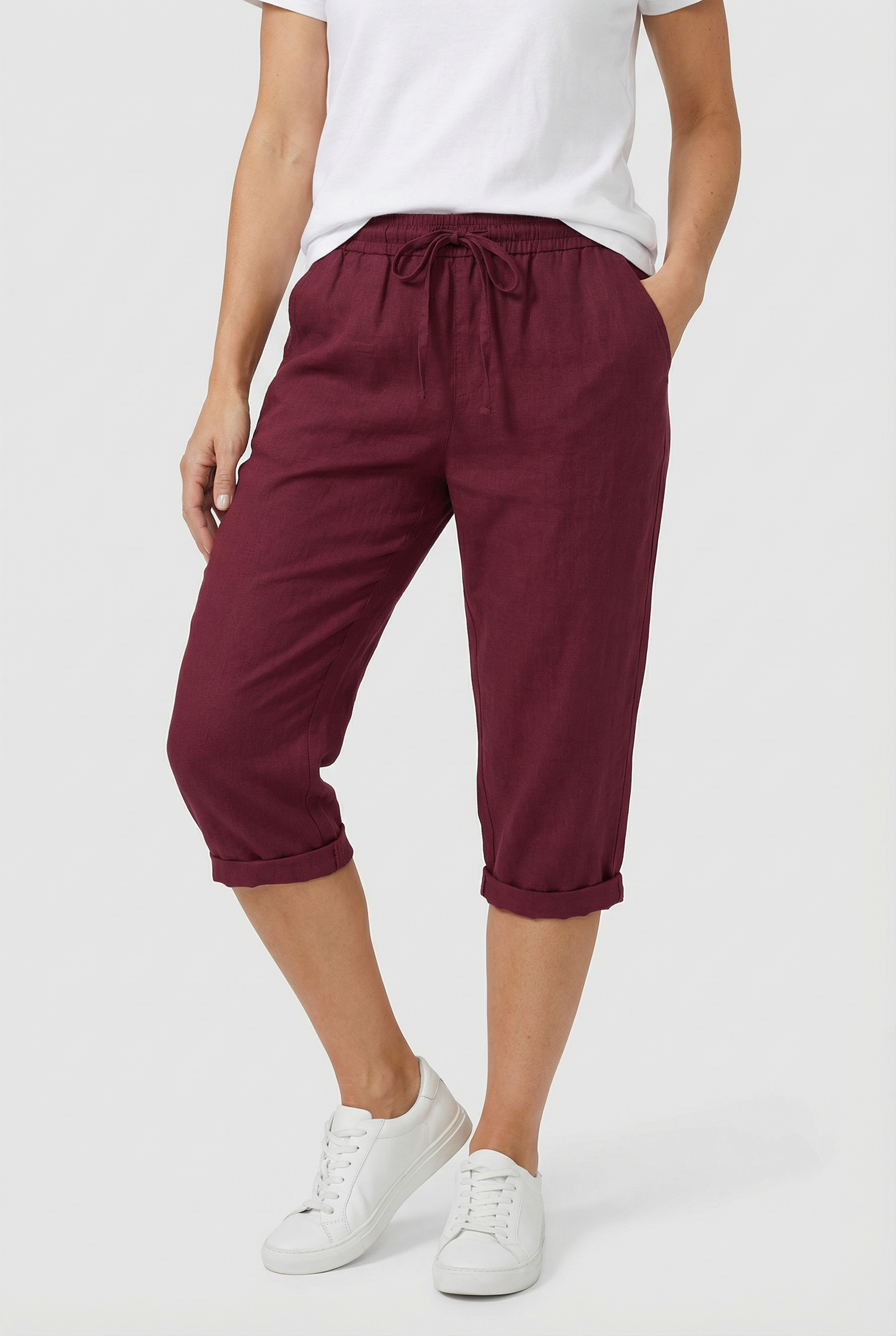 Pantacourt femme en lin taille élastique cordon de serrage poches coupe ample