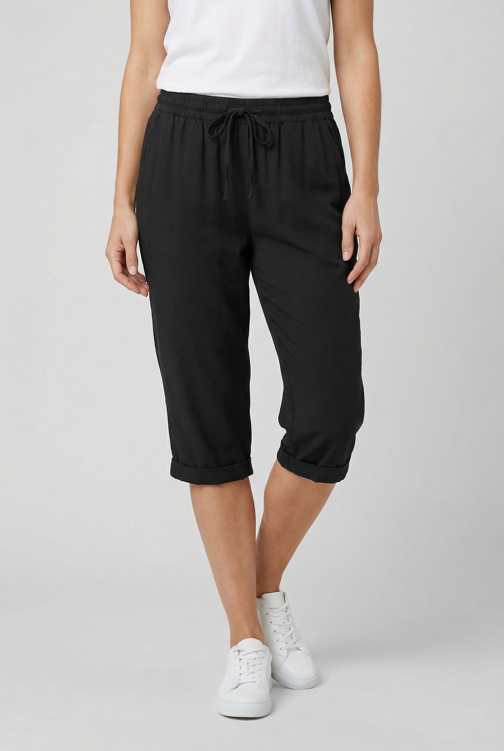 Pantacourt femme en lin taille élastique cordon de serrage poches coupe ample