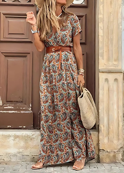 Robe longue fleurie femme col V manches courtes fendue ceinture bohème