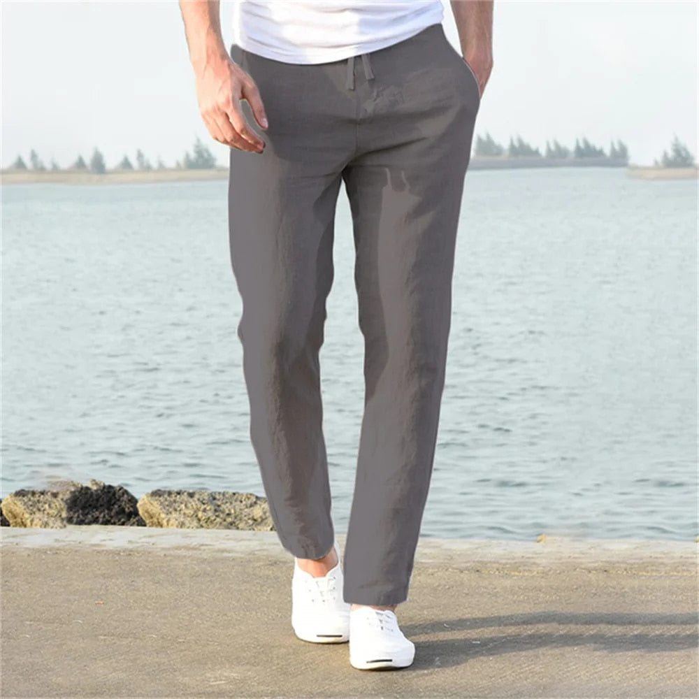 Pantalon homme lin coupe droite taille élastique avec cordon été