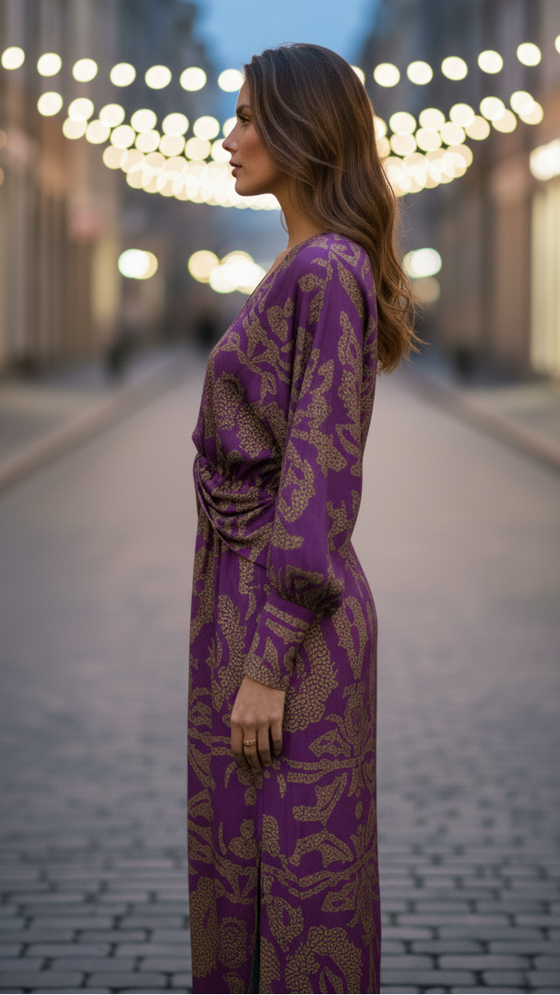 Robe invitée mariage midi femme col V manches longues imprimée fendue élégante