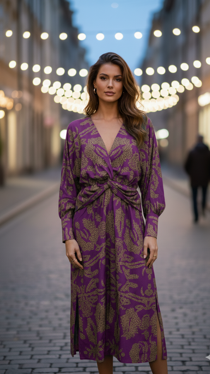 Robe invitée mariage midi femme col V manches longues imprimée fendue élégante
