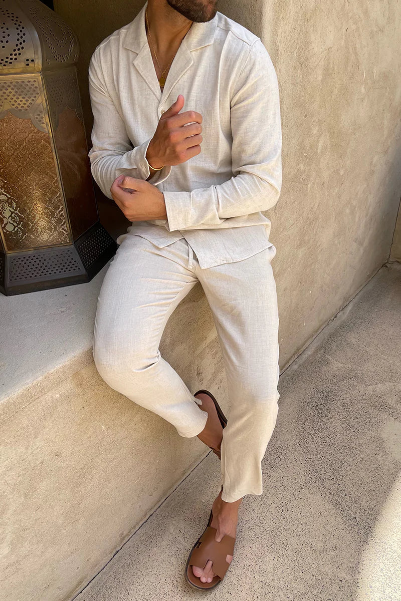 Ensemble lin homme 2 pièces chemise col revers pantalon droit été