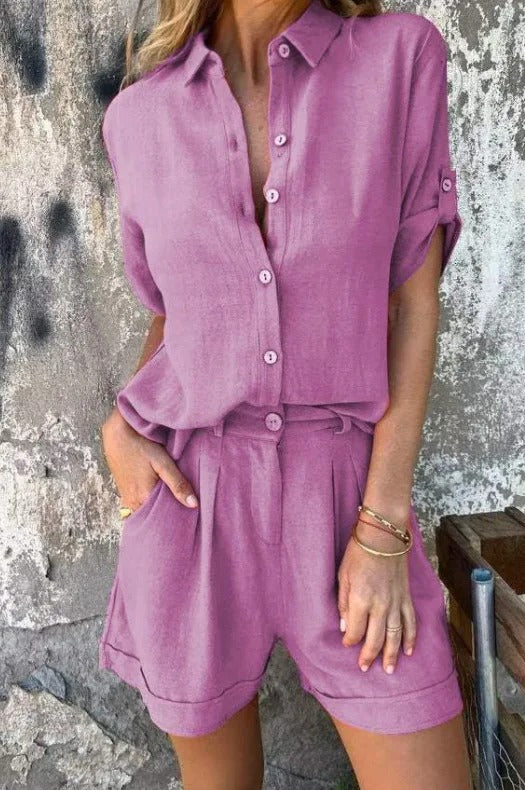 Ensemble femme chemise manches retroussables short taille haute ample casual