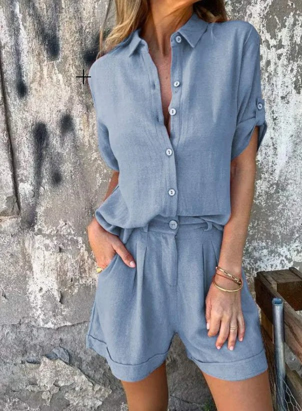 Ensemble femme chemise manches retroussables short taille haute ample casual
