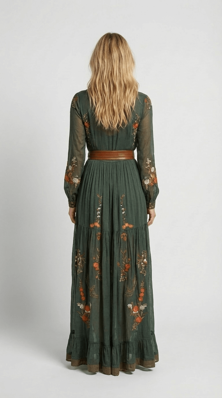 Robe longue femme bohème col V manches longues broderie ceinture taille