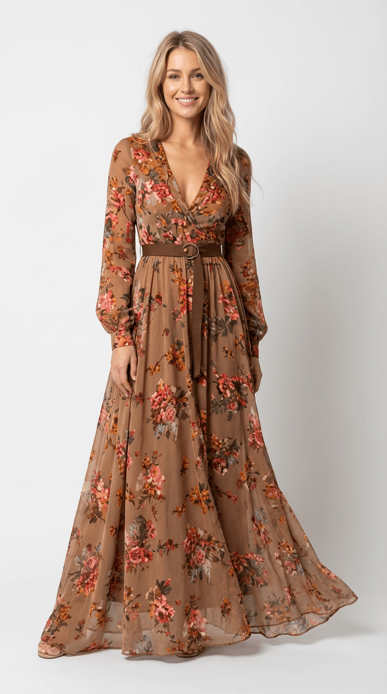 Robe longue femme bohème col V manches longues broderie ceinture taille