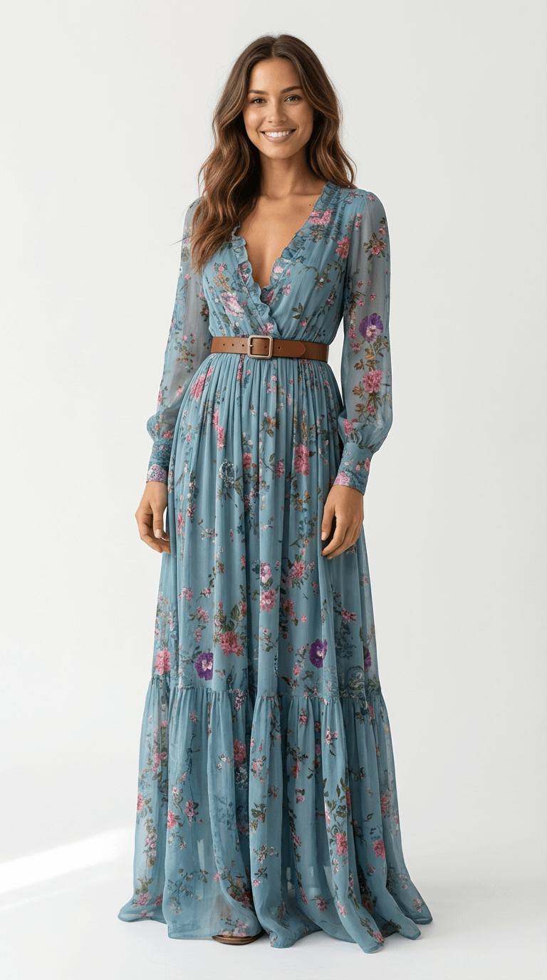 Robe longue femme bohème col V manches longues broderie ceinture taille