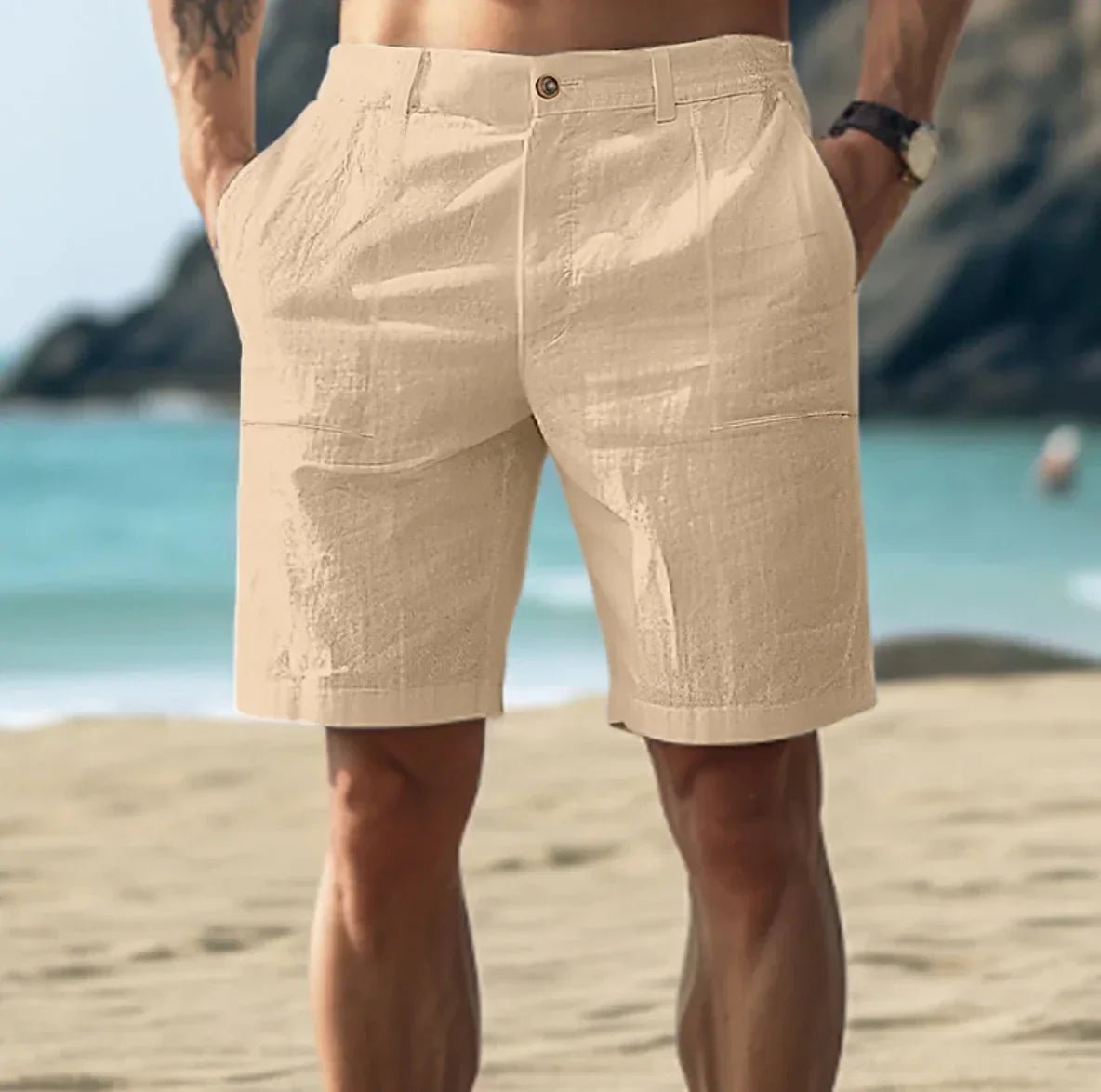Short chino homme en lin coupe droite pour été décontracté