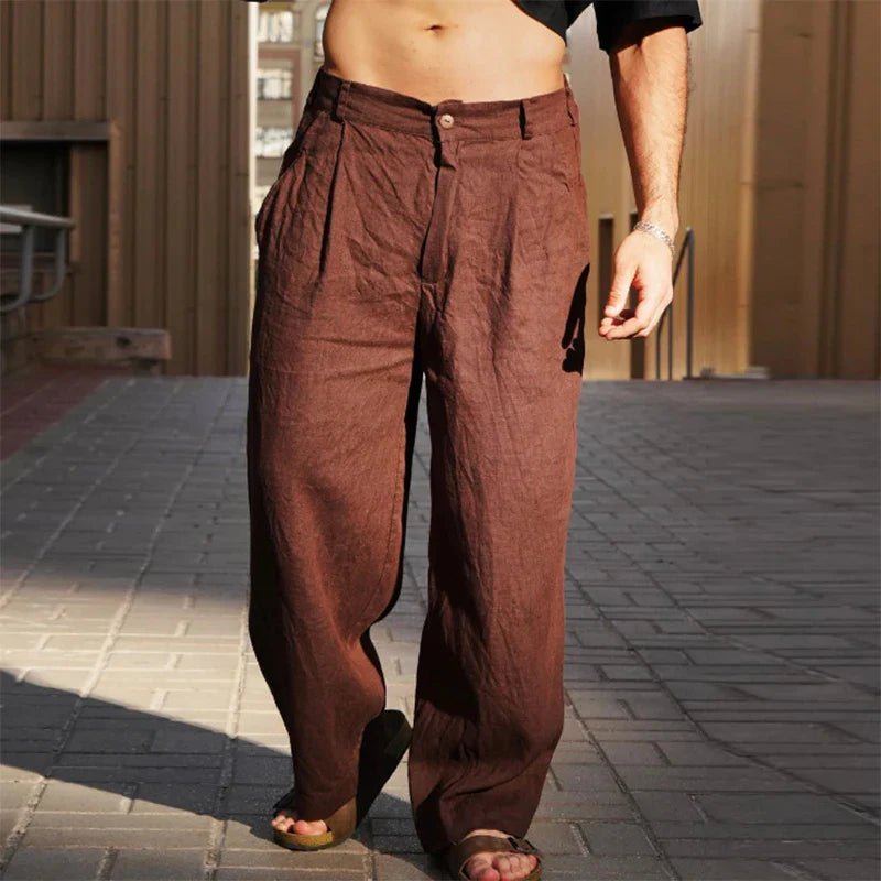 Pantalon homme en lin coupe large plissée style décontracté été