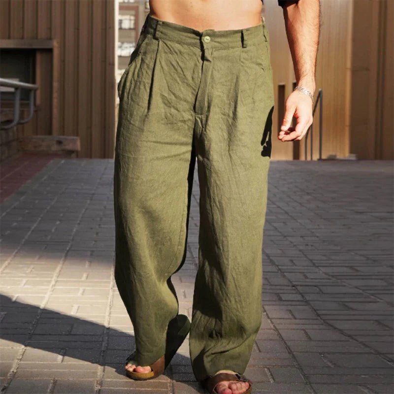 Pantalon homme en lin coupe large plissée style décontracté été