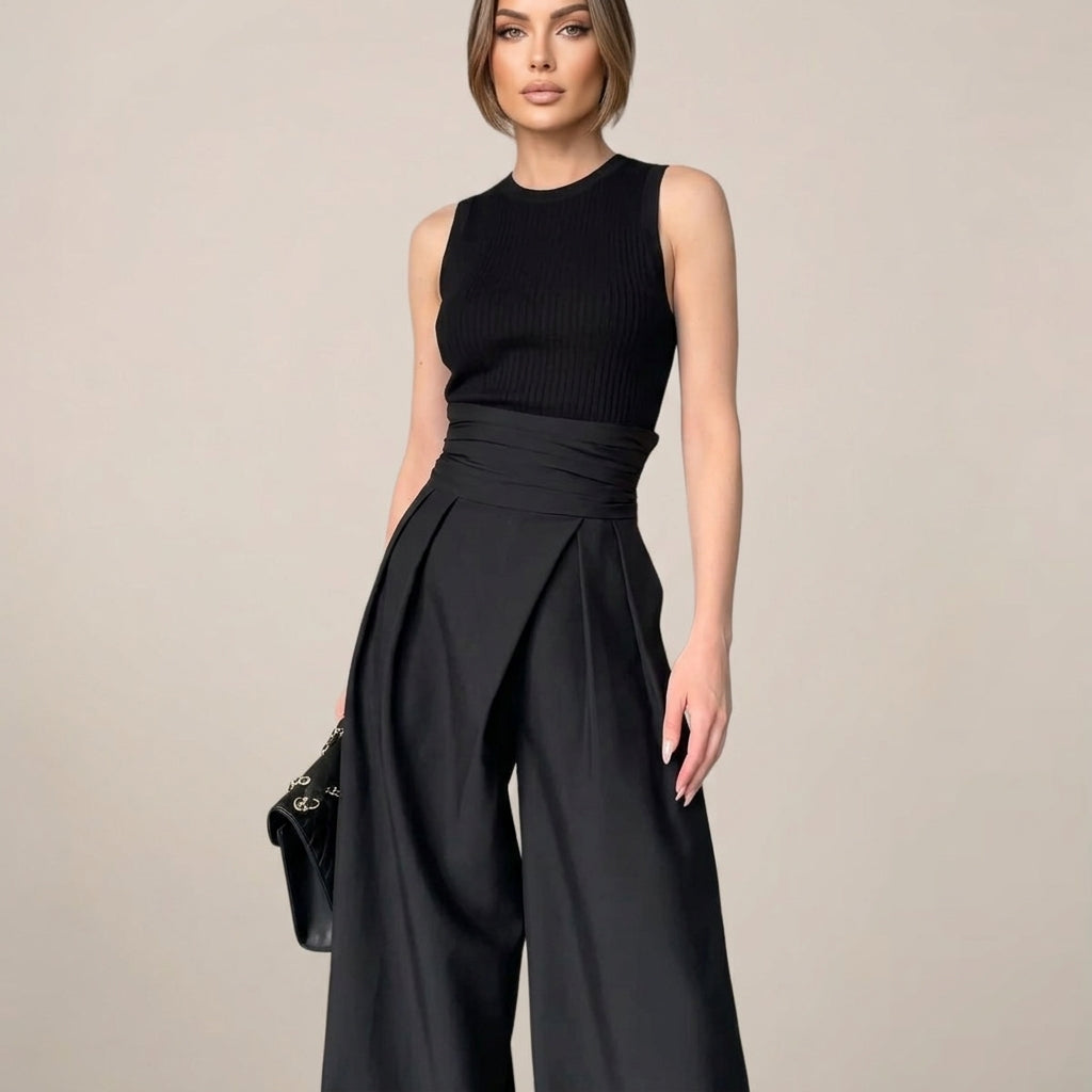 Pantalon femme taille haute coupe large jambes larges style élégant plis devant