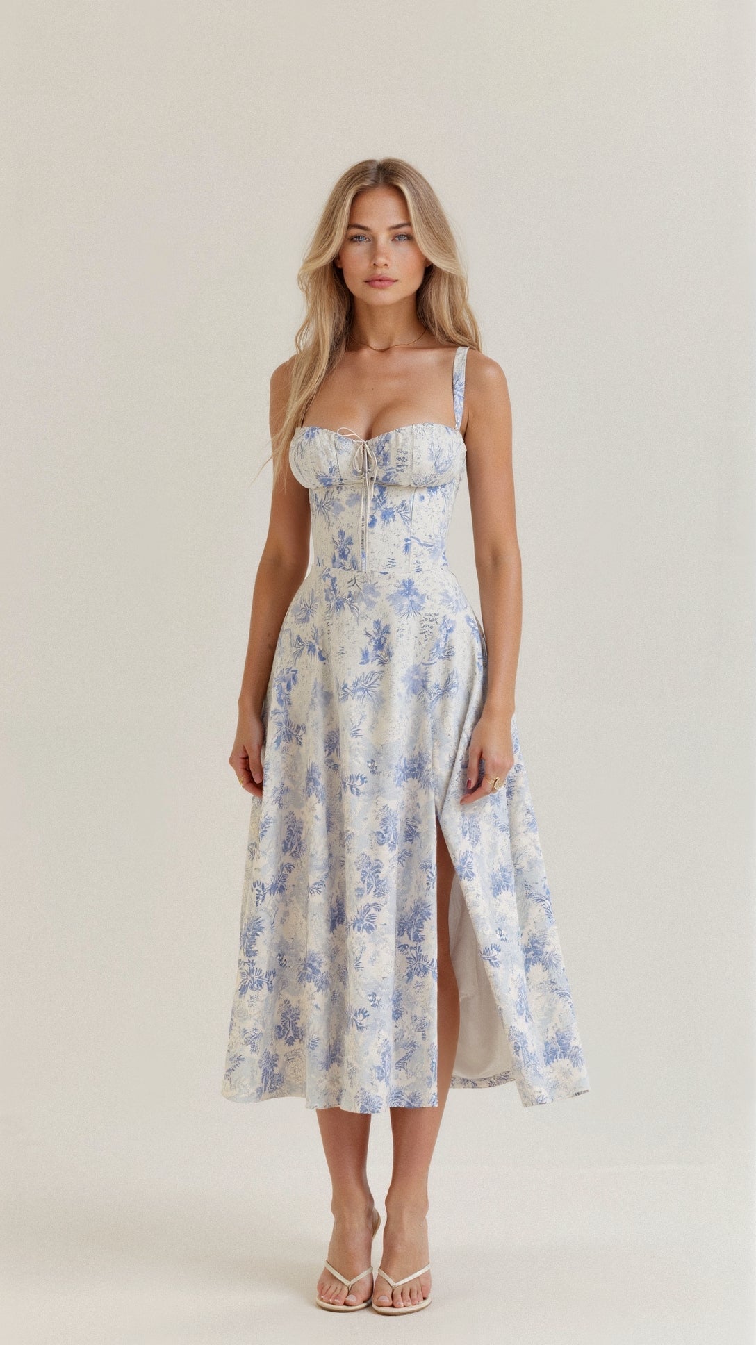 Robe midi femme fleurie style corset bretelles fines fente coupe ajustée