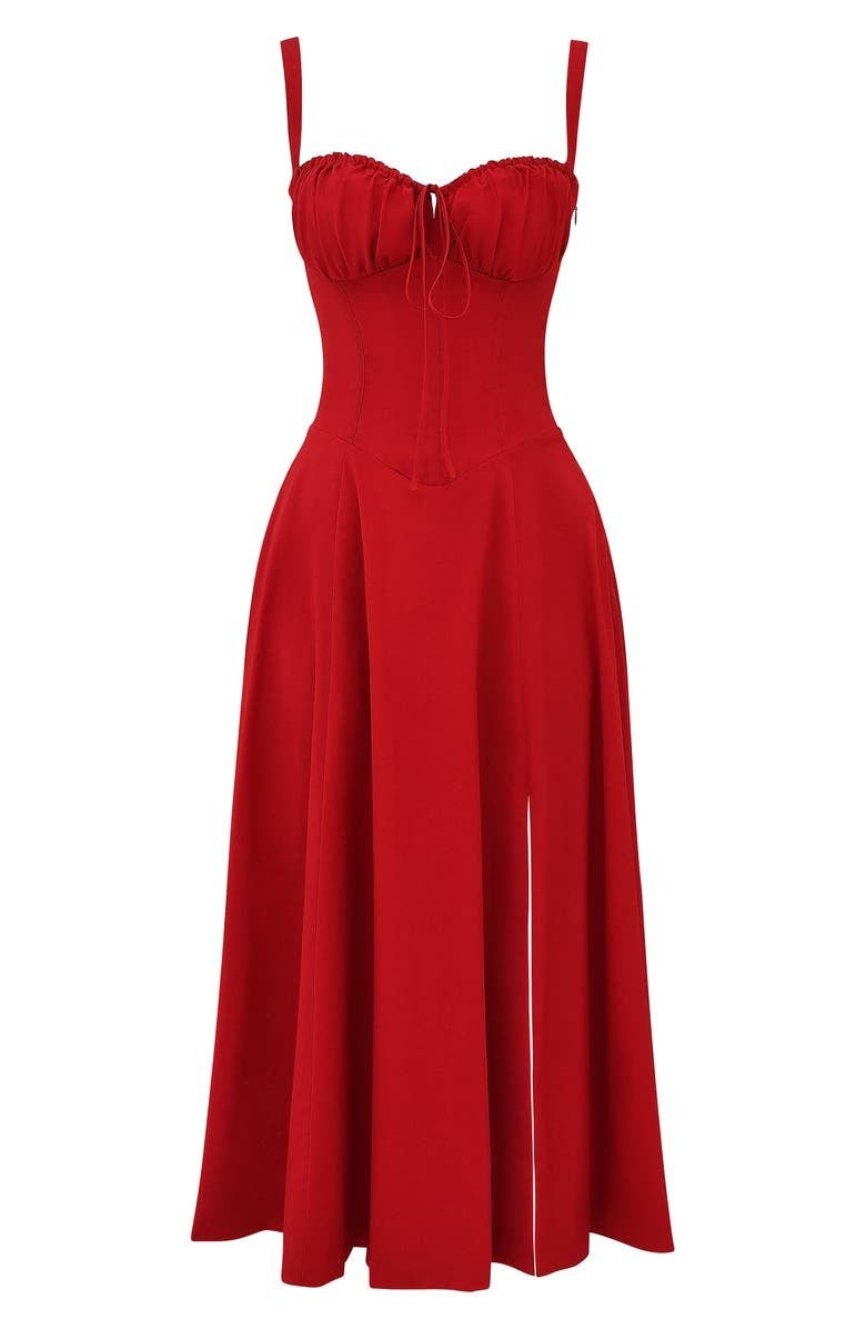 Robe midi femme fleurie style corset bretelles fines fente coupe ajustée