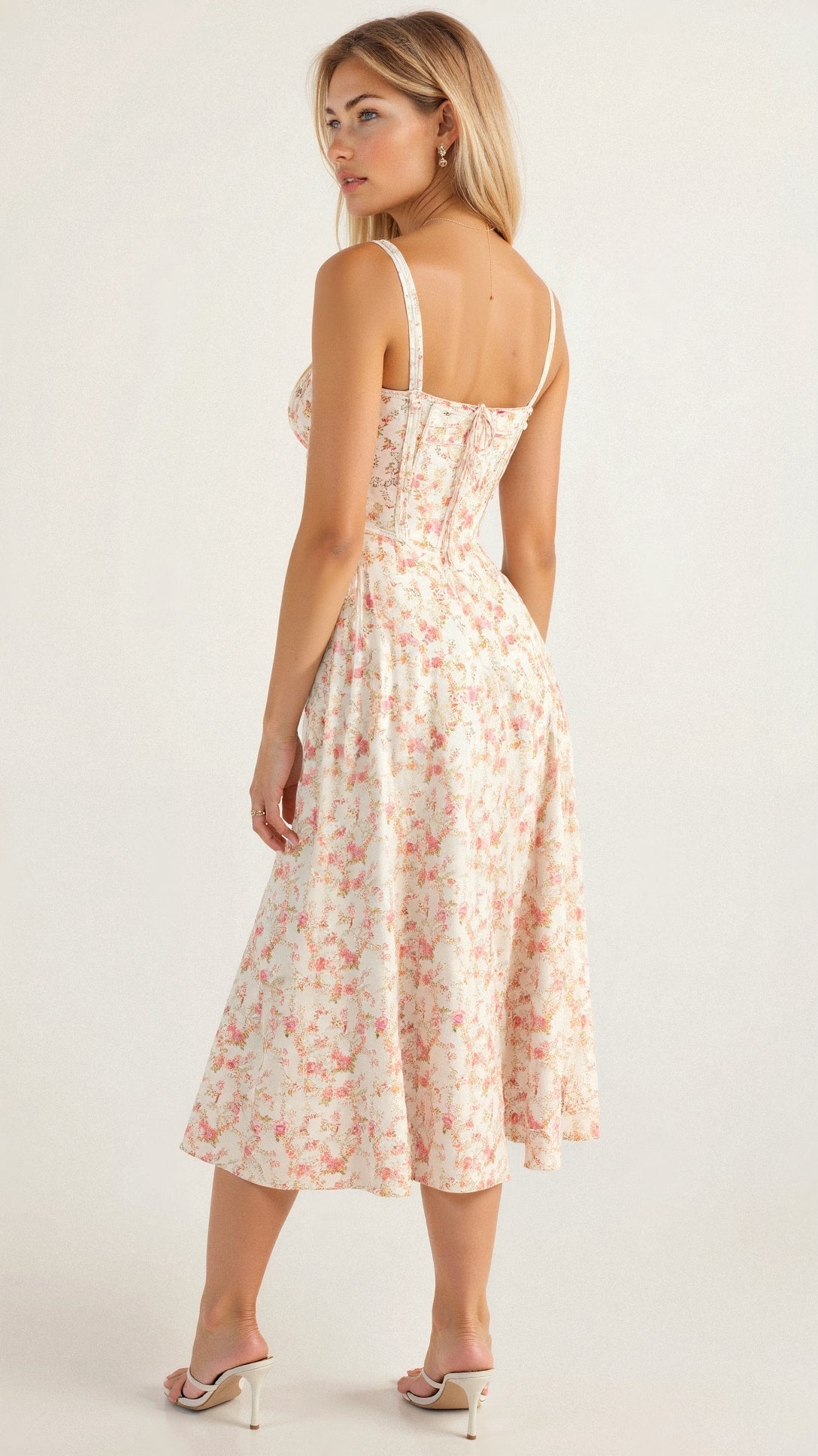 Robe midi femme fleurie style corset bretelles fines fente coupe ajustée