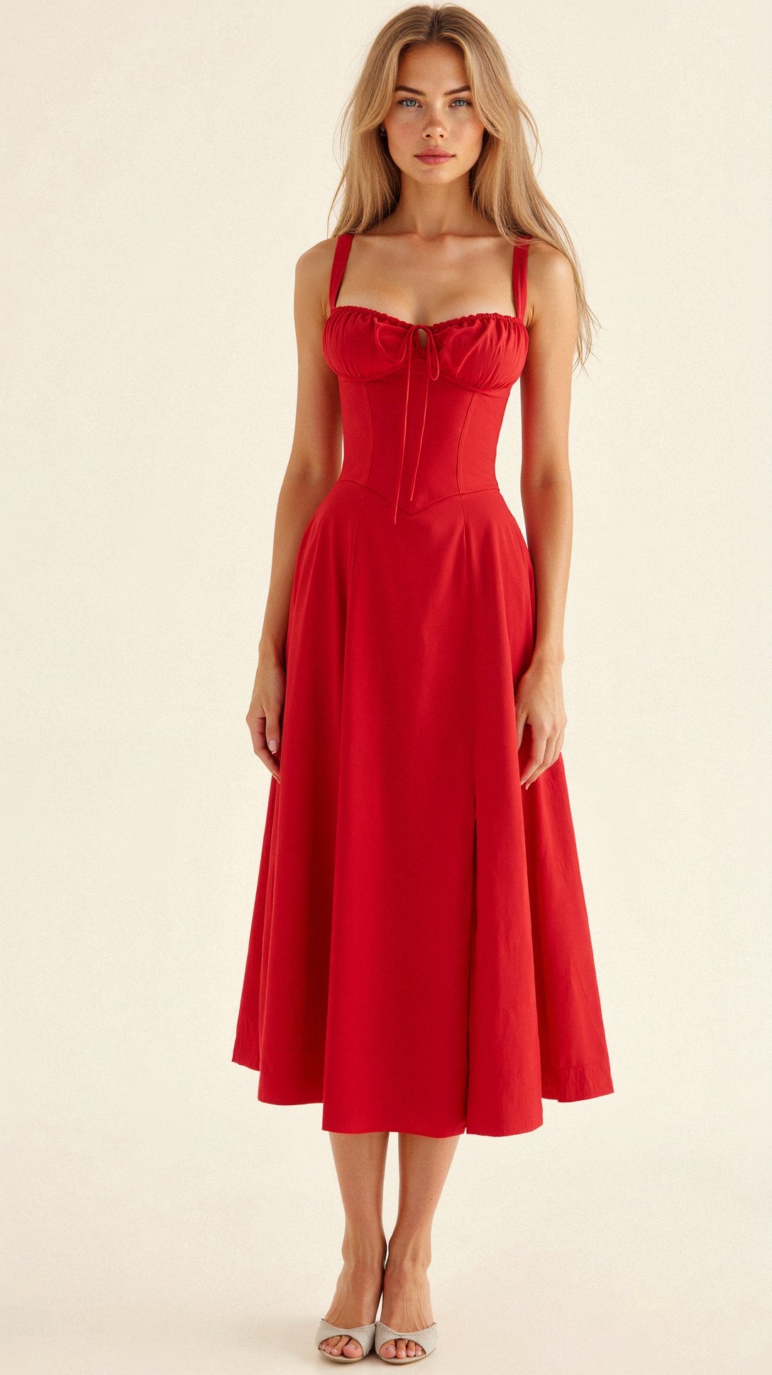 Robe midi femme fleurie style corset bretelles fines fente coupe ajustée
