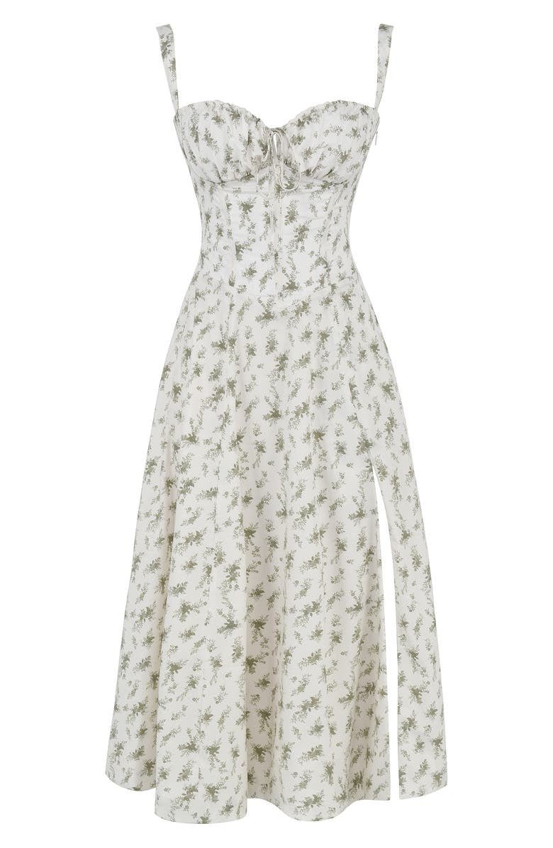 Robe midi femme fleurie style corset bretelles fines fente coupe ajustée