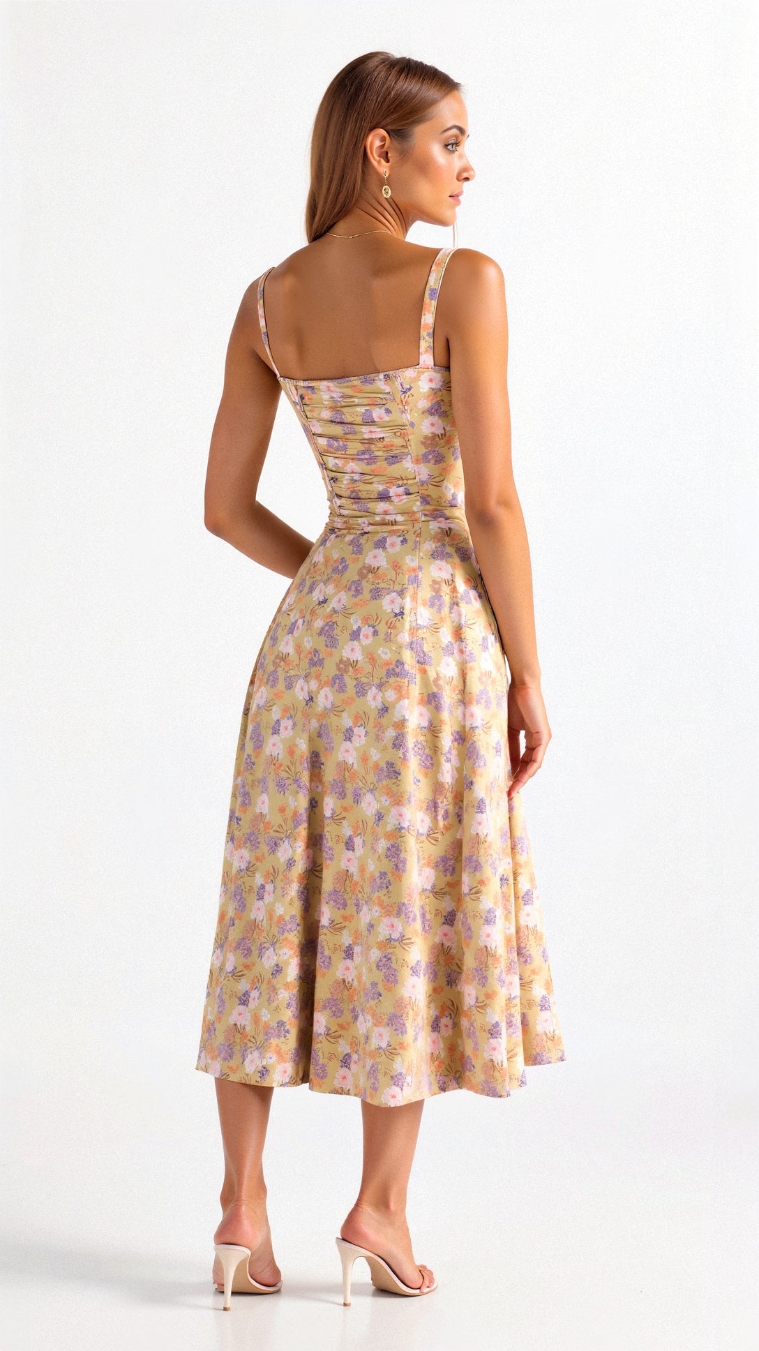 Robe midi femme fleurie style corset bretelles fines fente coupe ajustée