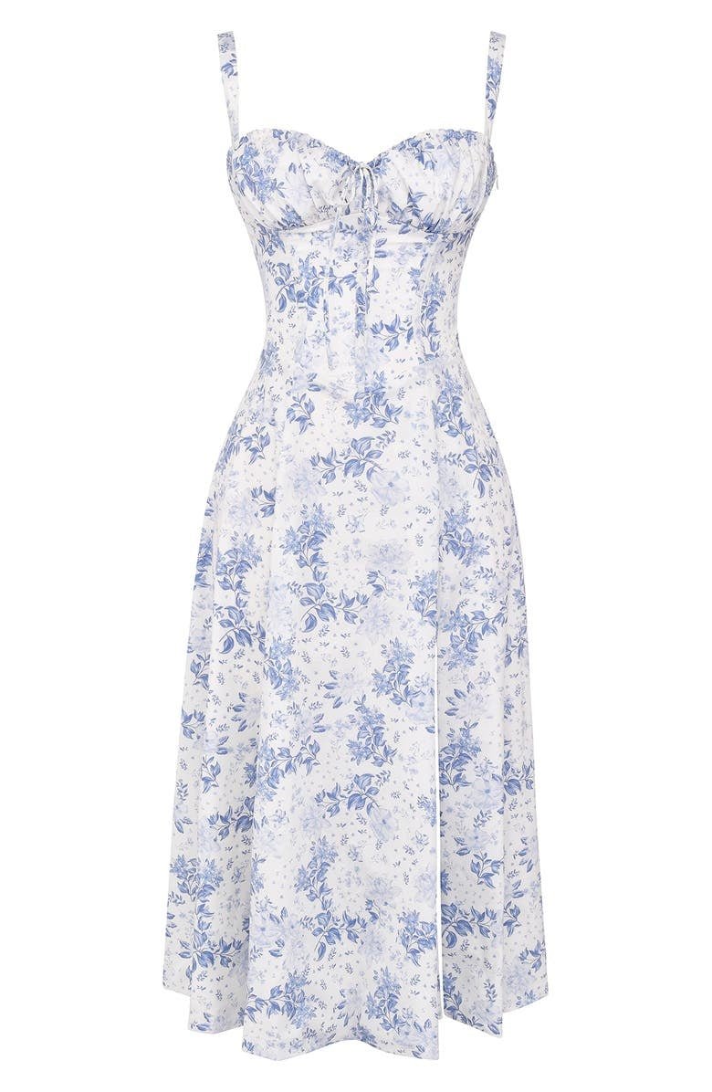 Robe midi femme fleurie style corset bretelles fines fente coupe ajustée