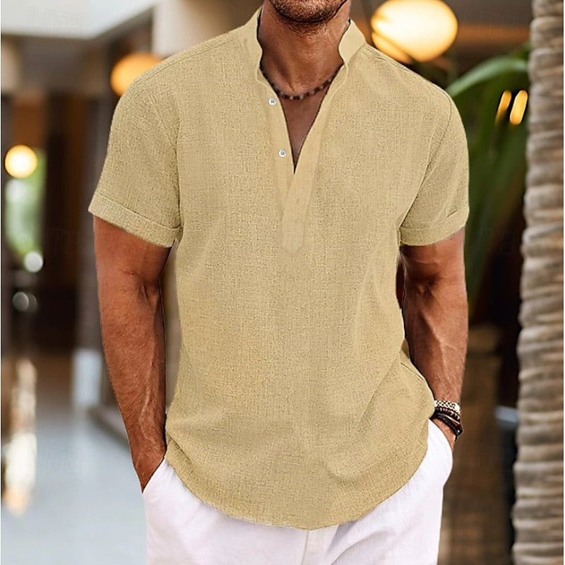 Chemise homme manches courtes col mao légère boutonnée coupe décontractée