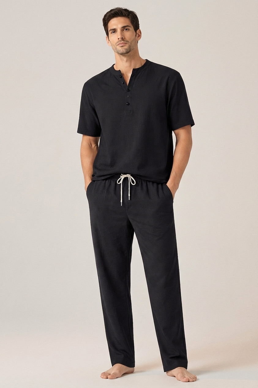 Ensemble homme coton lin été t-shirt col tunisien pantalon à cordon décontracté