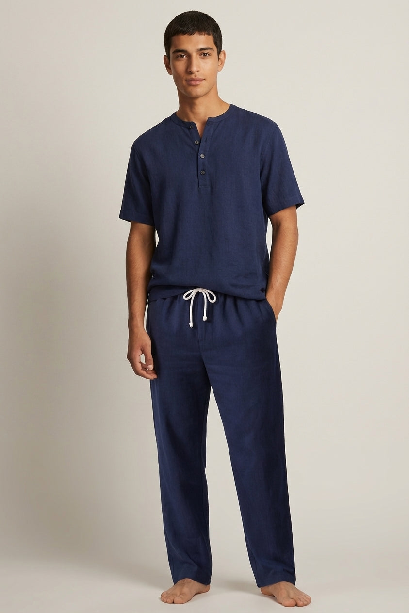 Ensemble homme coton lin été t-shirt col tunisien pantalon à cordon décontracté