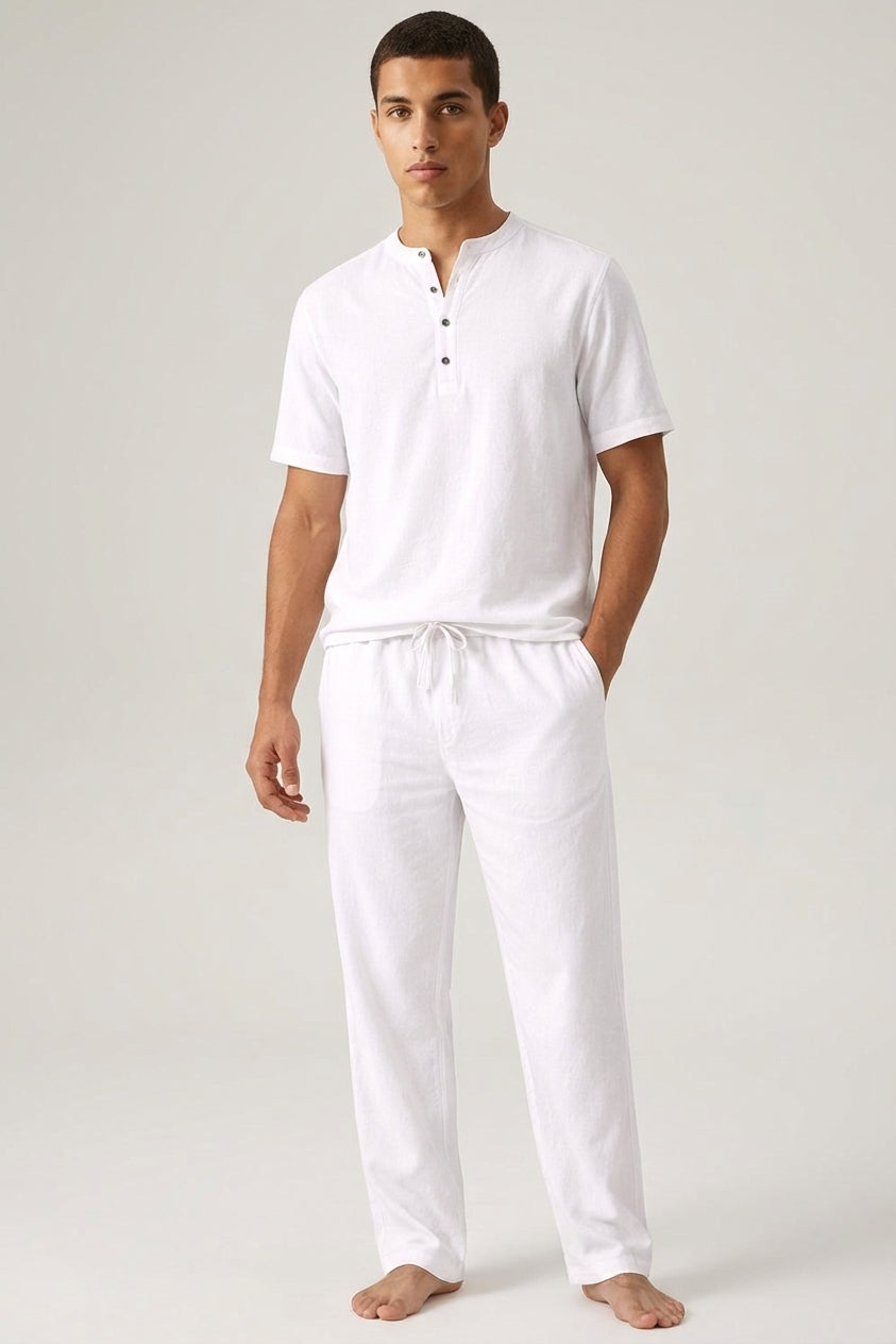 Ensemble homme coton lin été t-shirt col tunisien pantalon à cordon décontracté
